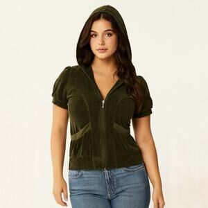 VTG Juicy Couture S Hoodie Track Jacket Terry Cloth Puff Short Sleeve Green Y2K